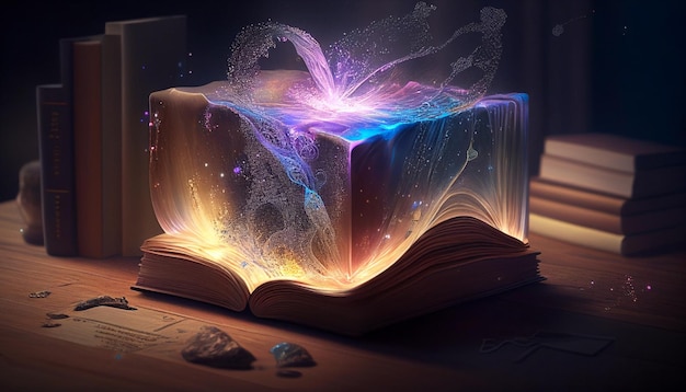 Literary world magic book on the table the magic of words