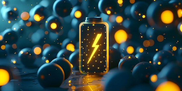 Lithium ion battery with a lightning bolt icon abstract balloons illuminated with neon yellow light battery shape on dark Concept Technology Energy Sustainability Lighting Design Neon Art