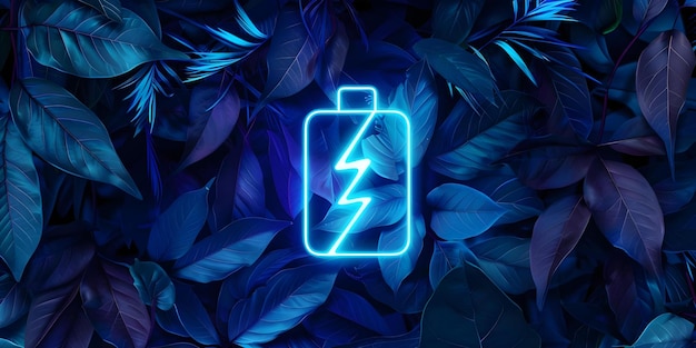 Photo lithium ion battery with a lightning bolt icon abstract leaves illuminated with neon teal light battery shape on dark concept lightning bolt icon lithium ion battery neon teal leaves