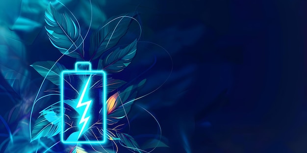 Photo lithium ion battery with a lightning bolt icon abstract leaves illuminated with neon turquoise light battery shape on dark concept technology power source neon lighting energy efficiency