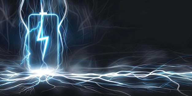 Lithium ion battery with a lightning bolt icon abstract roots illuminated with neon blue light battery shape on dark Concept Abstract Technology Electricity Energy Blue Light