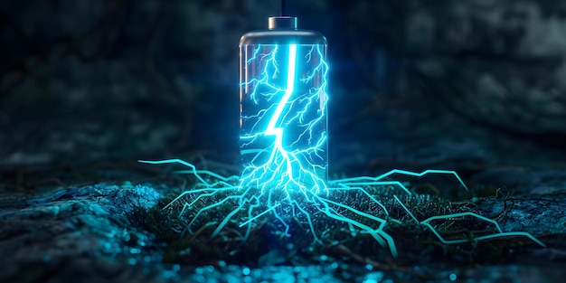 Lithium ion battery with a lightning bolt icon abstract roots illuminated with neon blue light battery shape on dark Concept Lithium Ion Battery Lightning Bolt Icon Abstract Roots