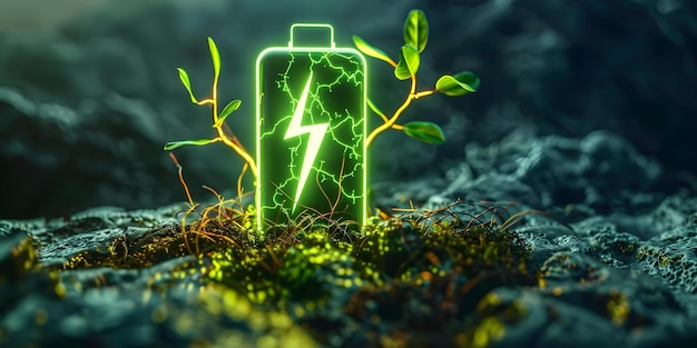 Lithium ion battery with a lightning bolt icon abstract roots illuminated with neon green light battery shape on dark Concept Battery Technology Energy Efficiency Neon Lighting Innovation