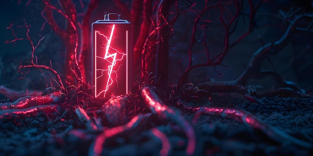 Lithium ion battery with a lightning bolt icon abstract roots illuminated with neon red light battery shape on dark Concept Technology Energy Innovation Illumination Futuristic