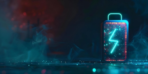 Lithium ion battery with a lightning bolt icon abstract stars illuminated with neon teal light battery shape on dark Concept Battery Symbol Neon Stars Ion Power Tech Glow Electric Energy