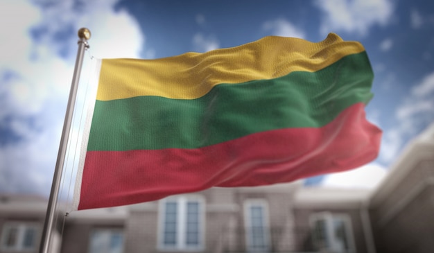 Photo lithuania flag 3d rendering on blue sky building background