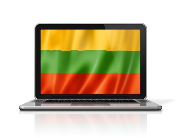 Lithuania flag on laptop screen isolated on white. 3D illustration render.