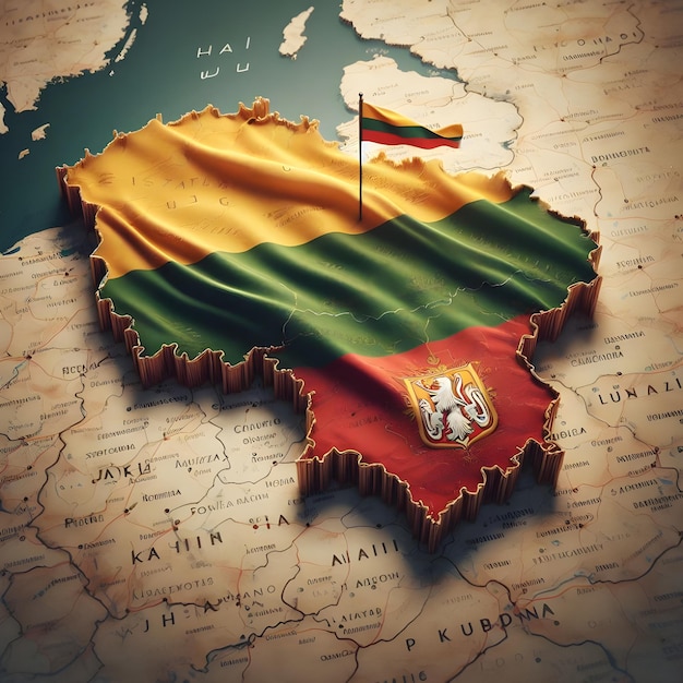 Lithuania map with waving flag of country realistic photo