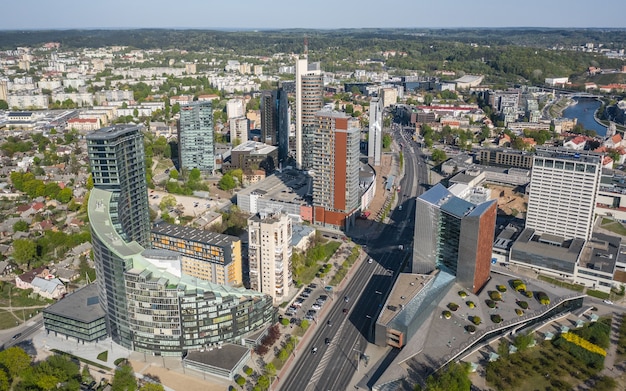 Lithuania, Vilnius, April 2019 - Aerial view of modern high buildings in Vilnius