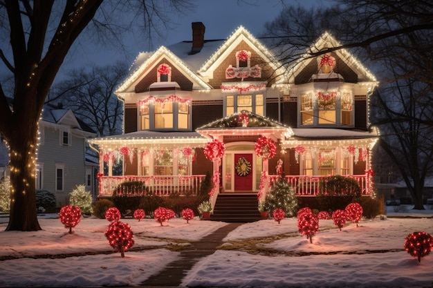 Lititz Christmas Lights Display Night View of an Ornate House Decoration with Illuminated Red