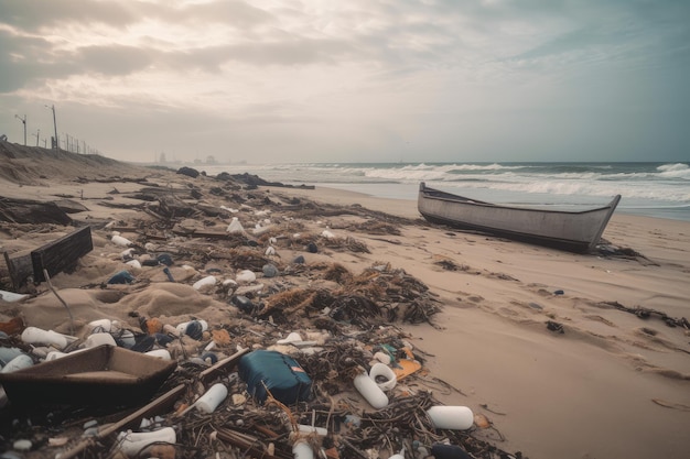 Littering on the beach with trash and detritus washed up by waves created with generative ai