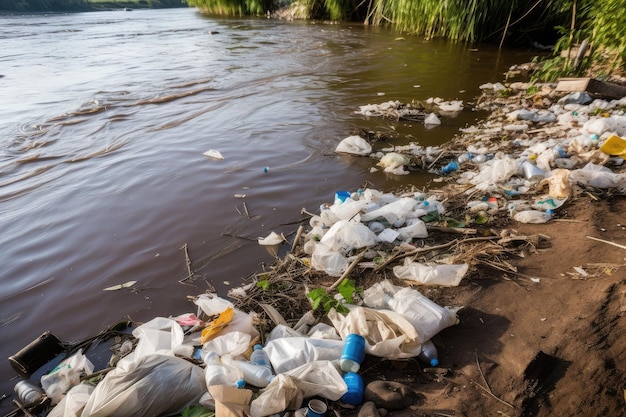 Littering and urban pollution of river bank with plastic bags bottles and packaging