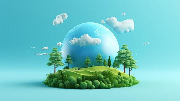 little 3d rendered banner nature globe in trees ecology glass clouds background island ozone