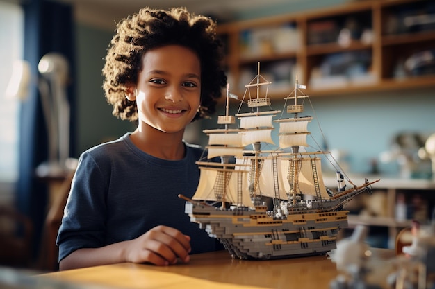 A little african american boy sits at the table in his cozy room and plays with a construction set