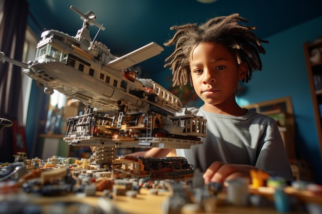 A little african american boy sits at the table in his cozy room and plays with a construction set