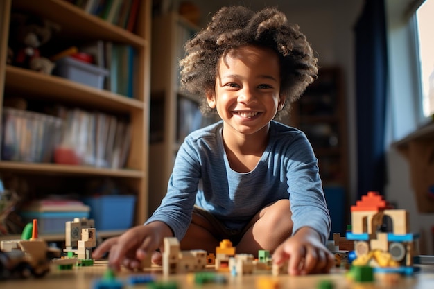 A little african american boy sits at the table in his cozy room and plays with a construction set