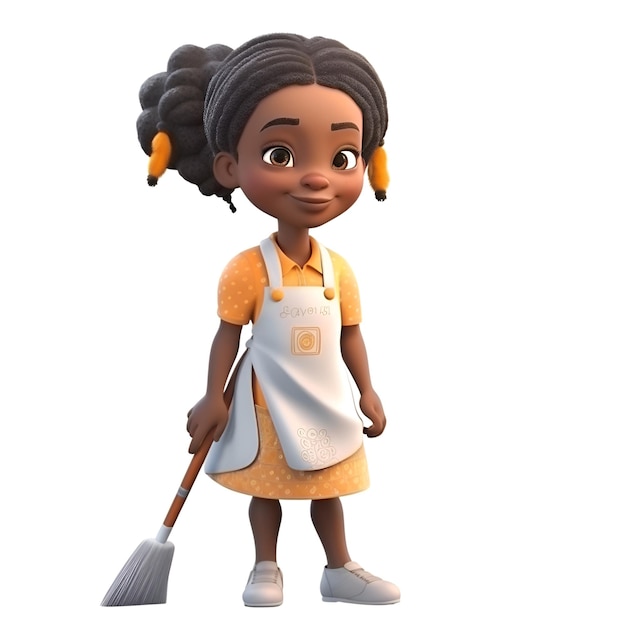 Little African American girl with a broom 3D rendering isolated on white background