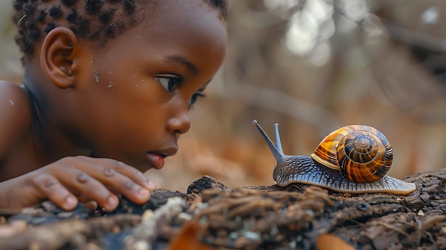 Little African Zambezian boy carefully watches a large snail crawling on a tree closeup