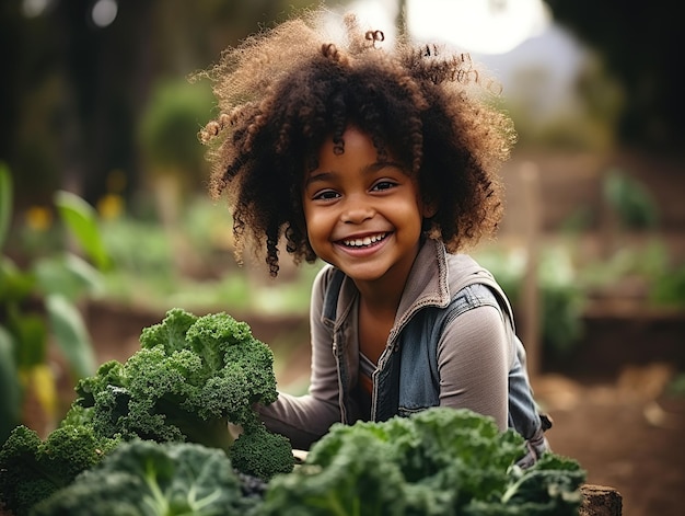 Little Afro girl choose vegetables in the garden family organic farm gardening harvesting Generative ai