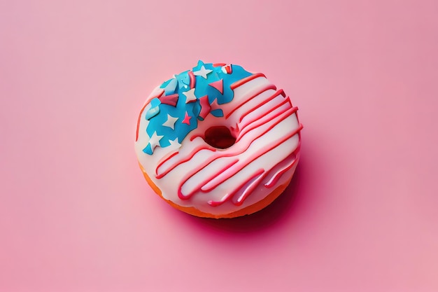 Little american flag stuck in donuts on pink background Generative Ai