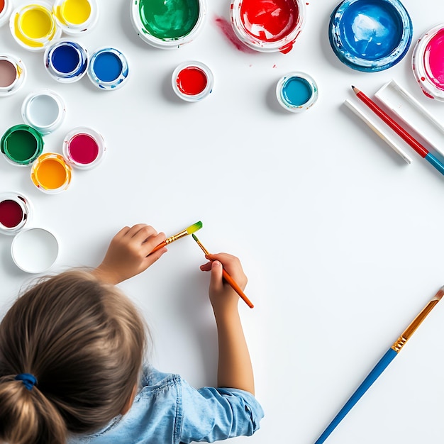 Little Artist Painting with Bright Colors on White Table