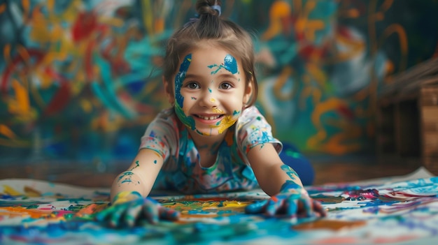 Photo little artist proudly displaying their painted hands smiling brightly