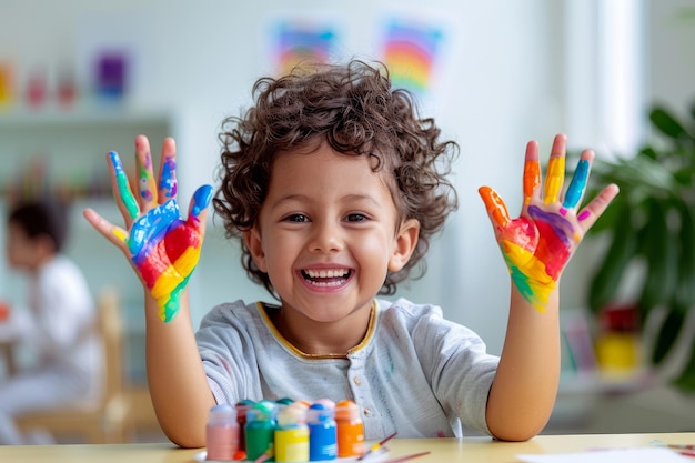 Little Artist Showing Off Colorful Handprints