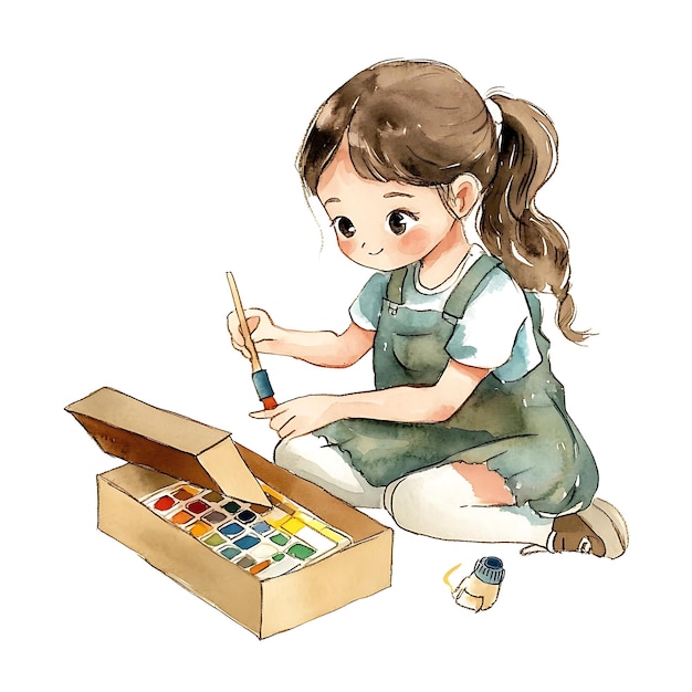 Photo little artist with watercolor paints and brushes