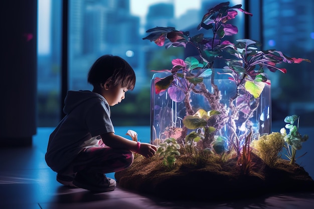 Little asian boy looks with interest at a small luminescent plant growing in glass artificial ecosystem