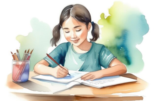 little asian girl doing homework at table watercolor illustration childrens education