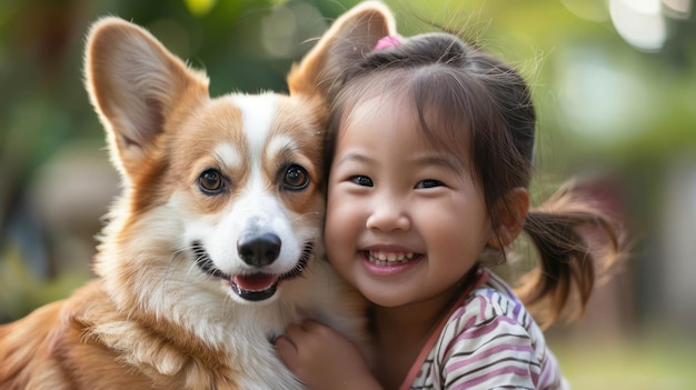 A little Asian girl and her corgi facing the camera both smiling happily This adorable duo showcases