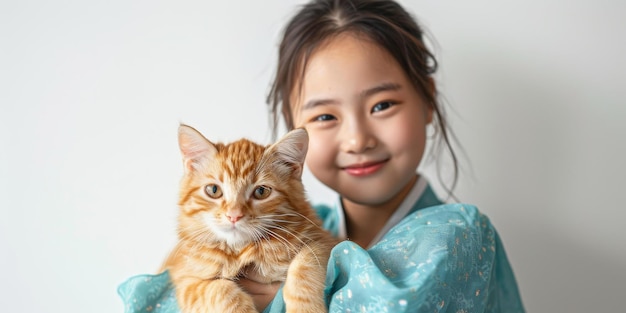 Little Asian girl hugging an orange cat