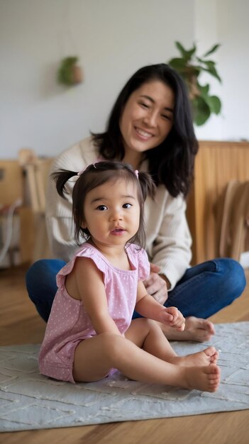 Photo little asian girl spending time at home with her mother