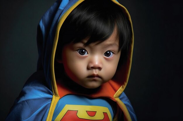 Little asian girl wearing superhero costume on black background closeup