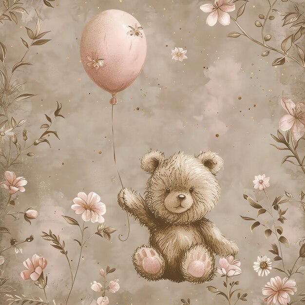 little baby bear Holding a balloon an flying away flower pattern marble