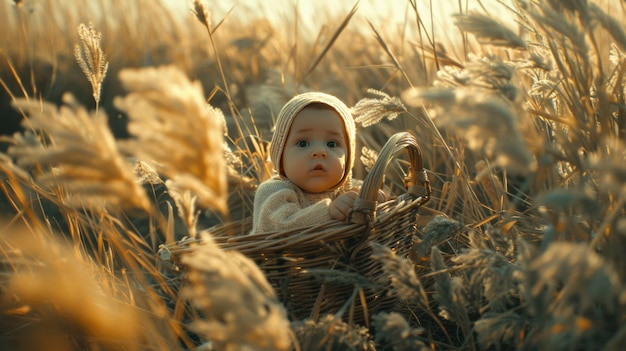 Little baby boy in basket among the tall grasses that grew along the river