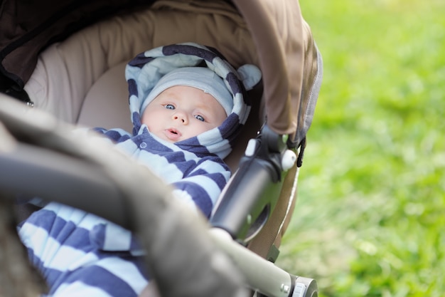 Little baby boy in stroller outdoors