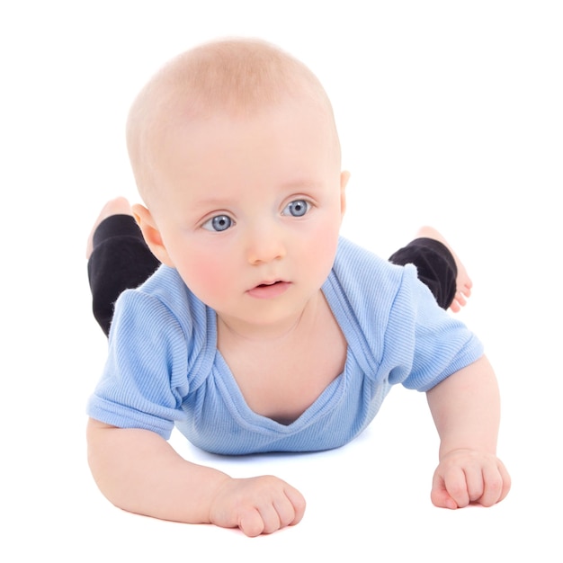 Little baby boy with blue eyes isolated on white background