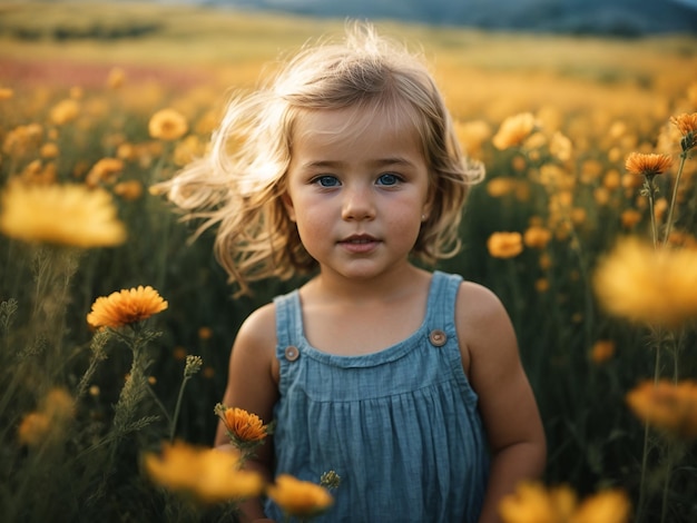 Little baby in the middle of a field of flowers