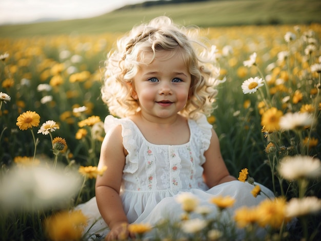 Little baby in the middle of a green field full of flowers