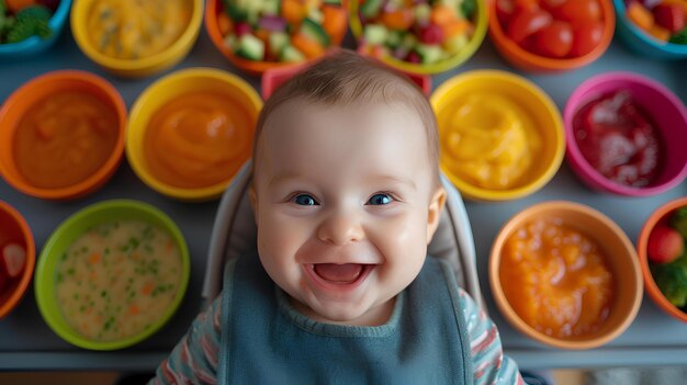 Little baby smiling over colorful bowls of food