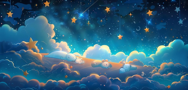 Photo a little bear sleeping in the clouds with the moon and the stars