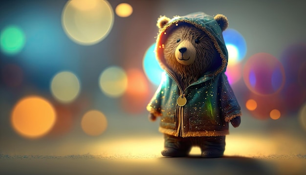 Little bear toy in jacket stands on colorful lens flare background attractive miniature teddy bear