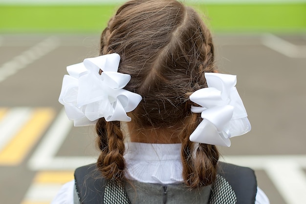 A little beautiful schoolgirl girl adjusts her hair hairstyle with a braid and bows September 1 A firstgrader knowledge day Back to school