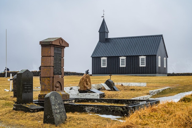 The little black church of Budir in the south part of Snaefellsnes Peninsula Iceland