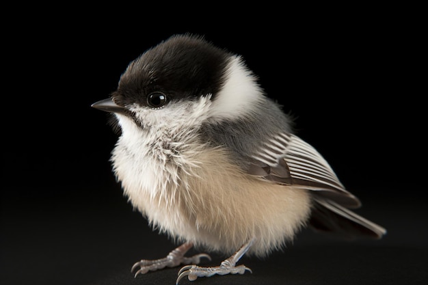 A little black and white bird with black background