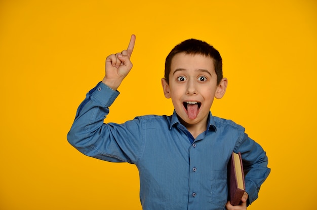 Little boy in blue shirt makes funny face