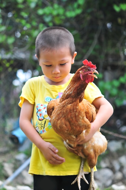 Little boy carrying a chicken in his arms