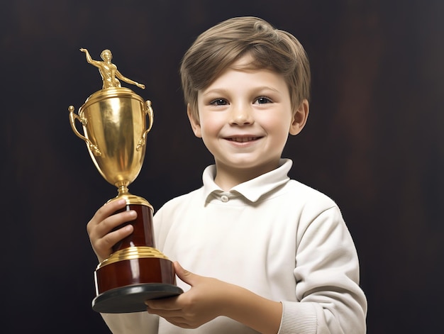 Little boy celebrates his golden trophy