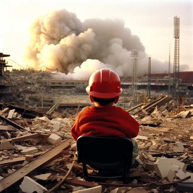 a little boy in a Cincinnati reds baseball helmet watching the implosion of the Cincinnati reds base